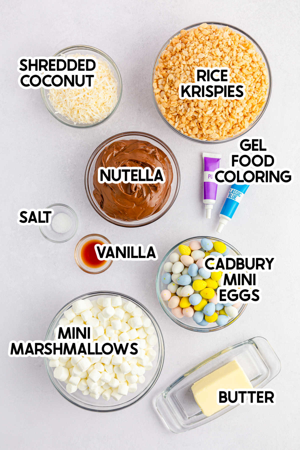 ingredients to make Easter rice krispie nests with labels