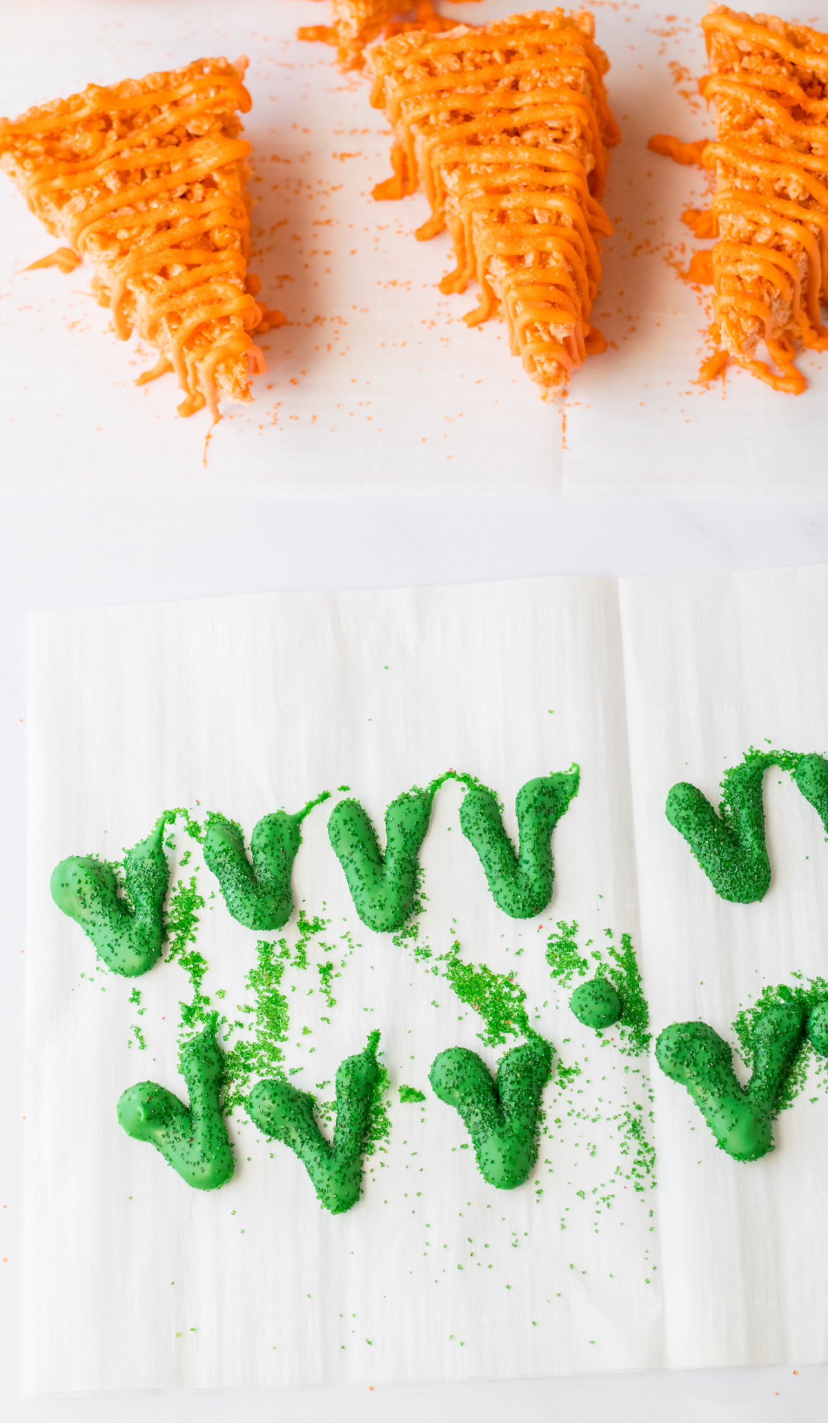 green carrot stems made out of candy melts