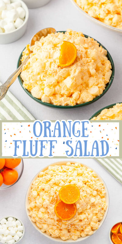 collage of images of an orange fluff salad