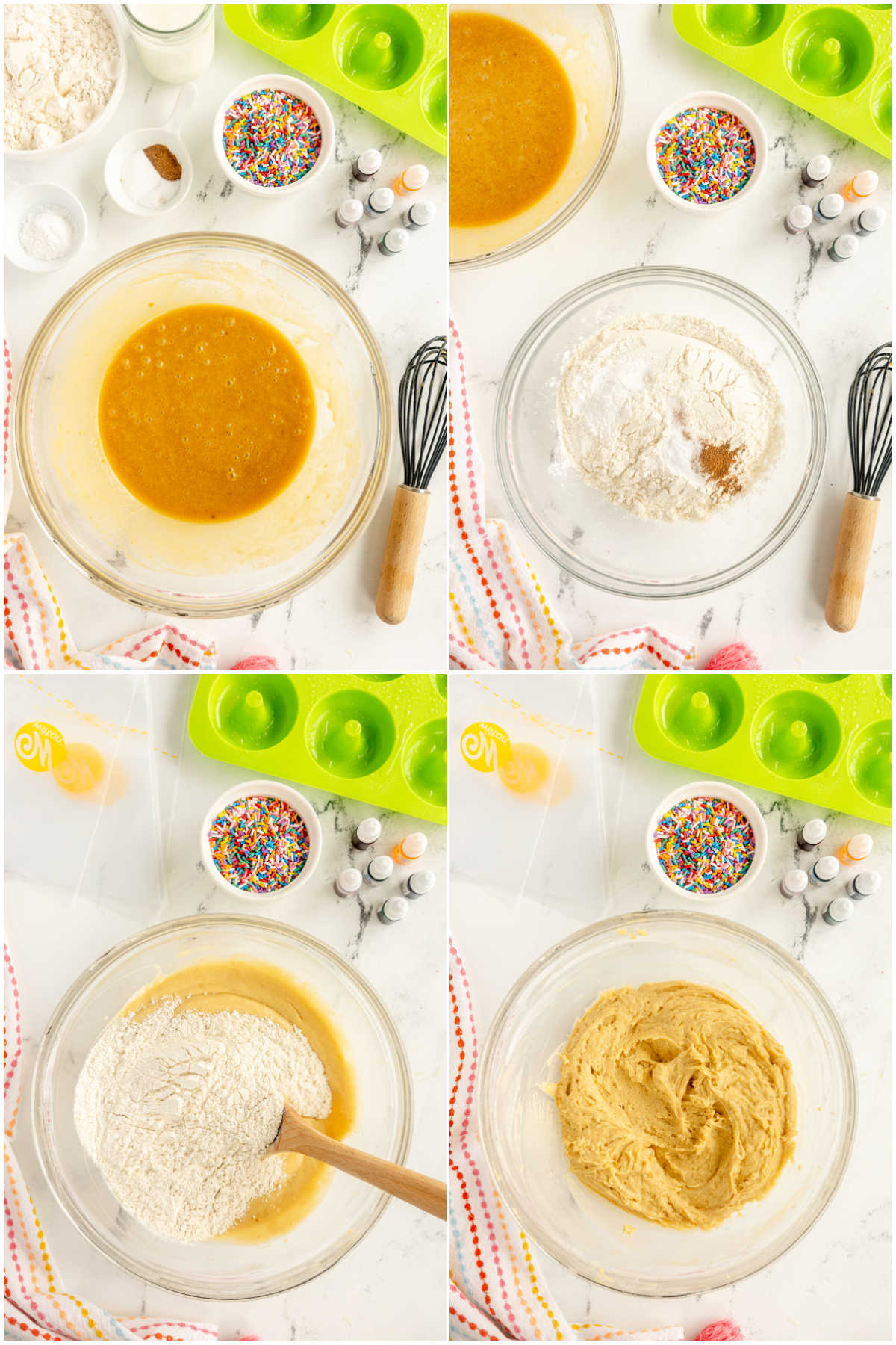 four images showing mixing batter for rainbow donuts