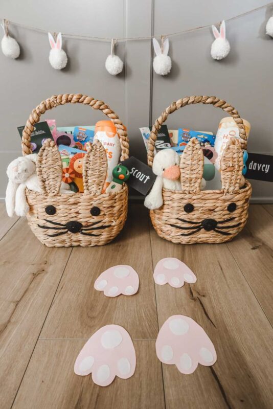 bunny shaped baskets wiht toys and treats