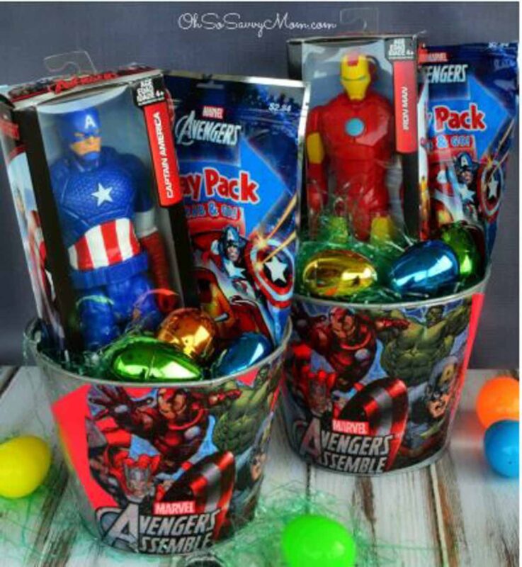 Avengers bucket filled with avengers toys and activities