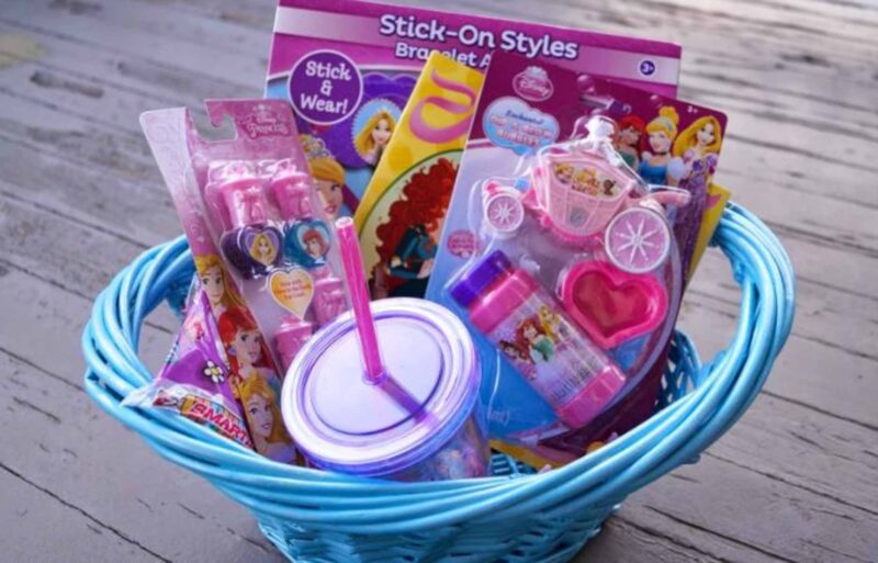 wicker basket with Disney princess toys