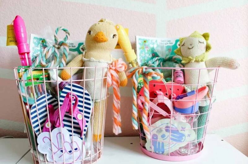 wire baskets with Easter toys