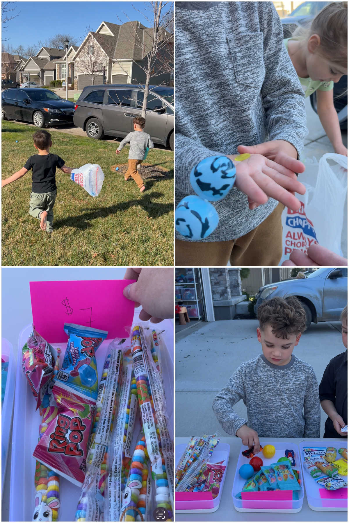 collage of four images showing a kids Easter egg hunt