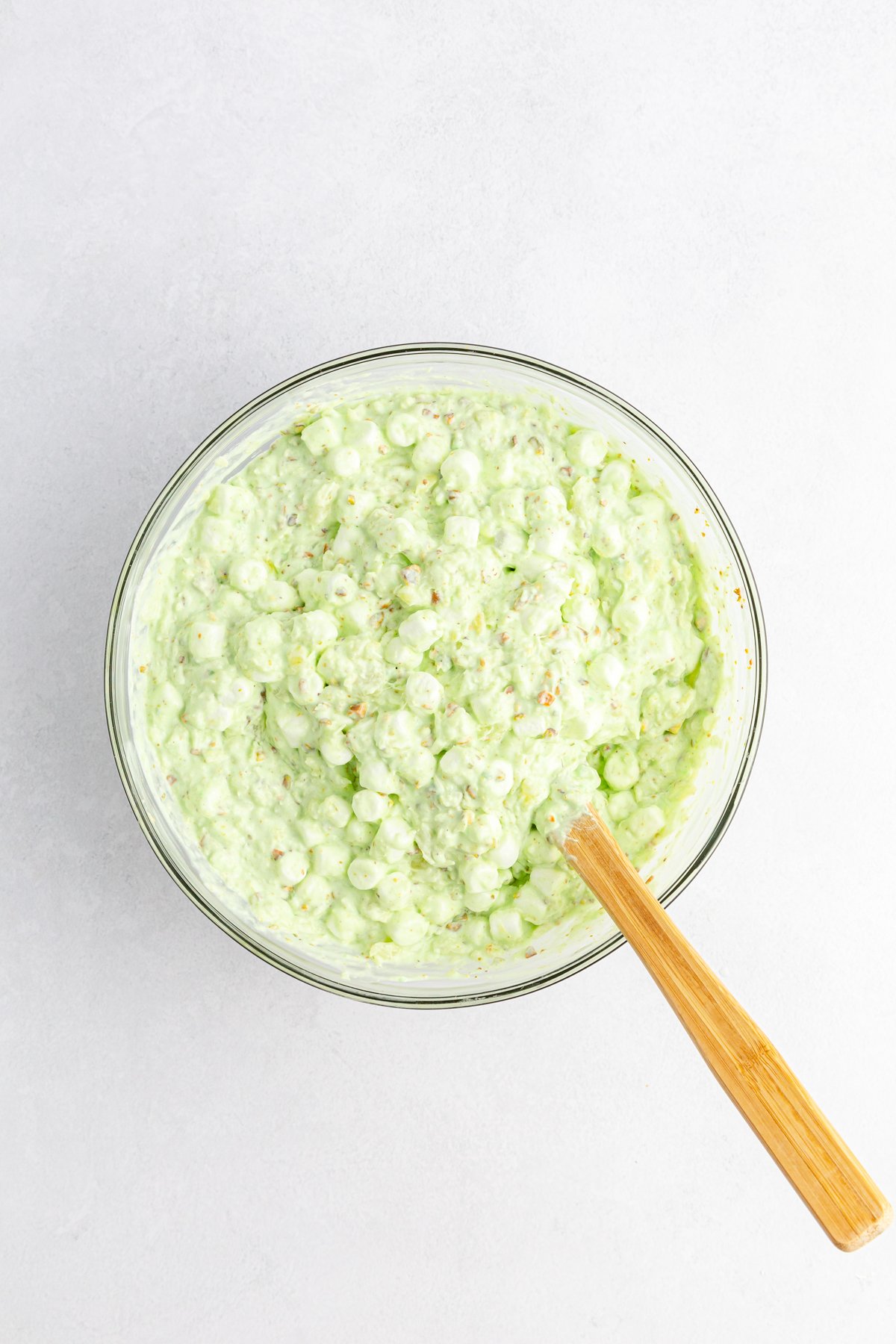 glass bowl with pistachio watergate salad