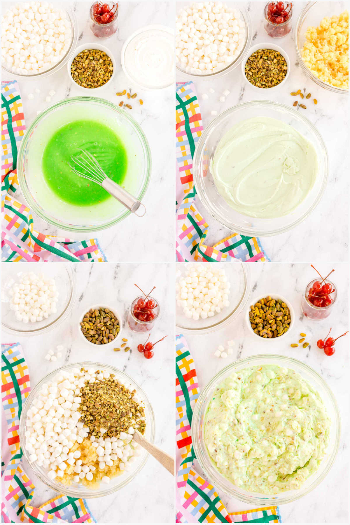 four images showing making watergate salad