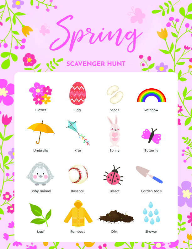 spring scavenger hunt with images of spring items