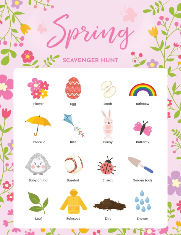 spring scavenger hunt with images of spring items