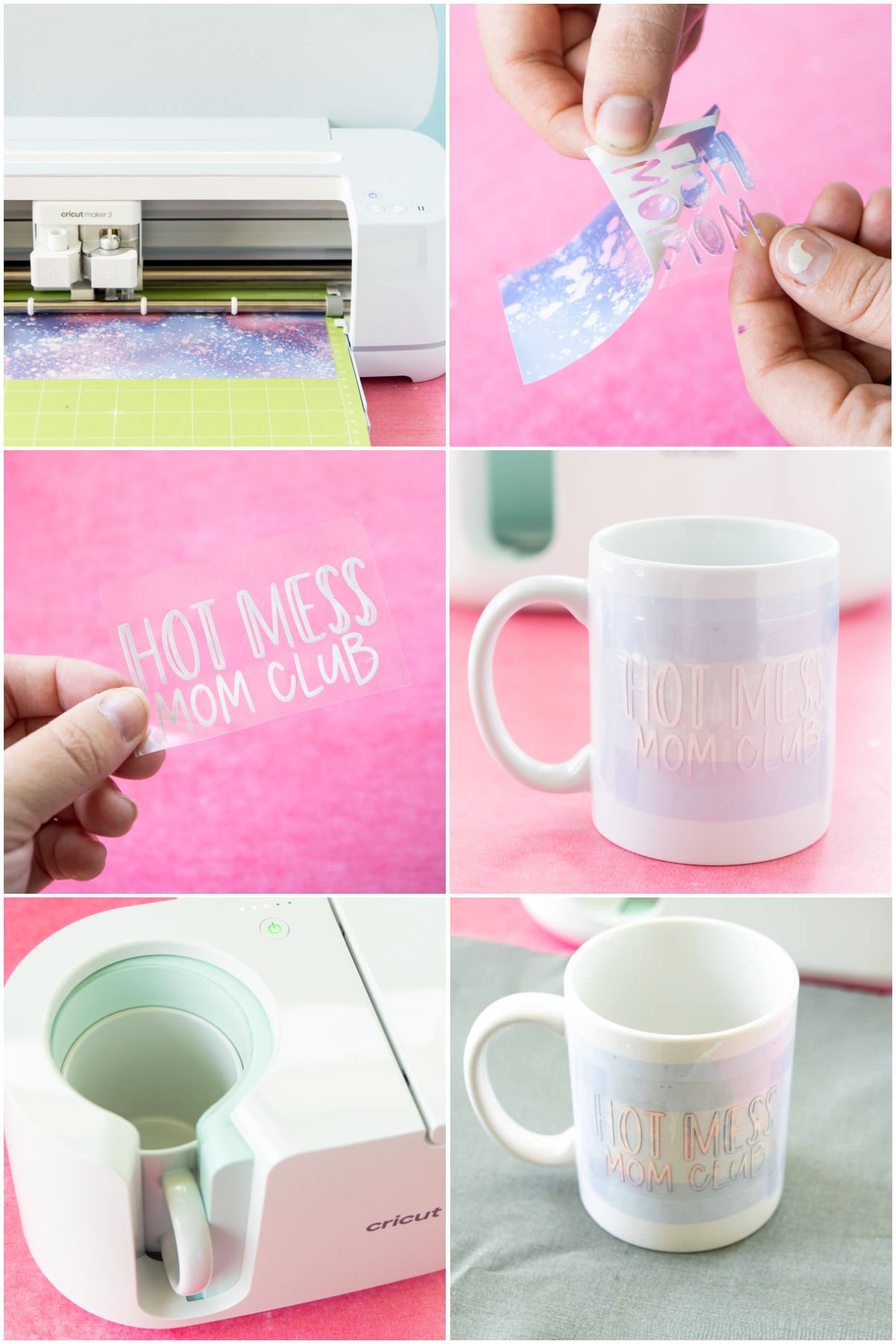 six image collage showing tutorial for cricut mugs