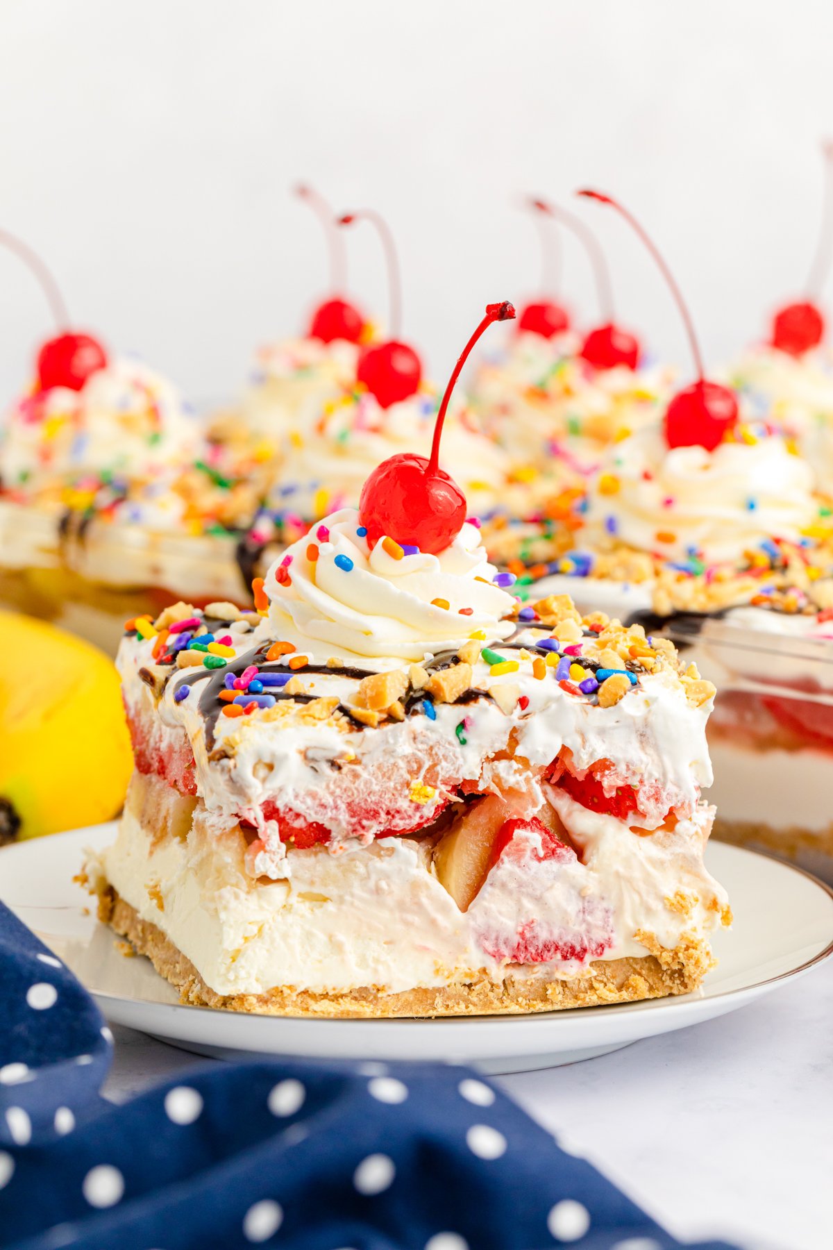 large slice of a no bake banana split cake