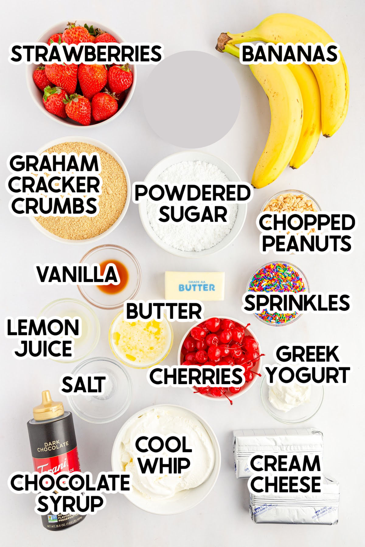 ingredients to make no bake banana split cake with labels