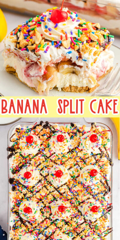 collage of images of a no bake banana split cake