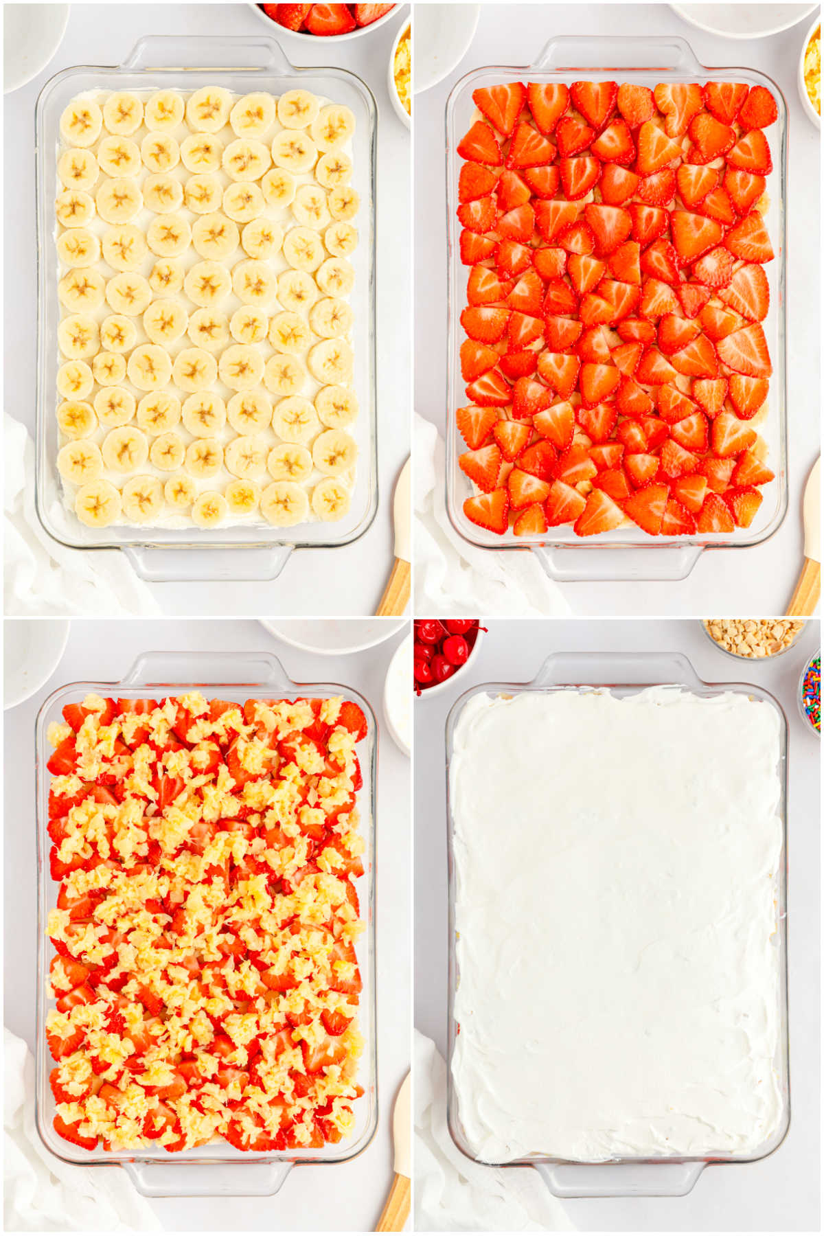 step by step images showing fruit layers of a banana cake