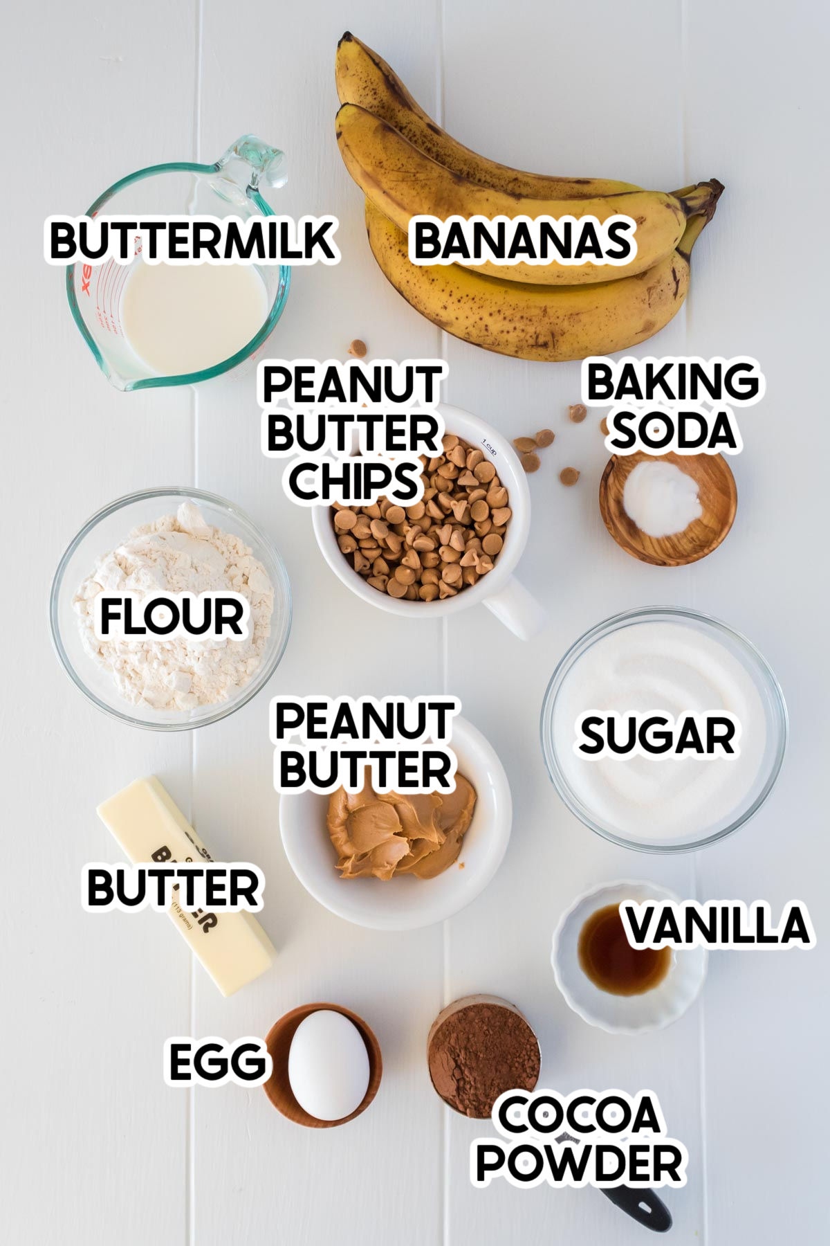 ingredients for peanut butter banana bread with labels