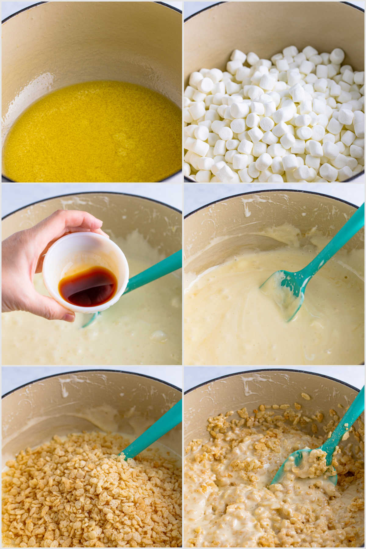 collage showing step by step instructions for making the best rice krispie treats 