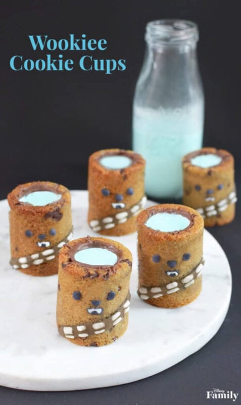 cookie cups filled with milk decorated to look like chewbacca
