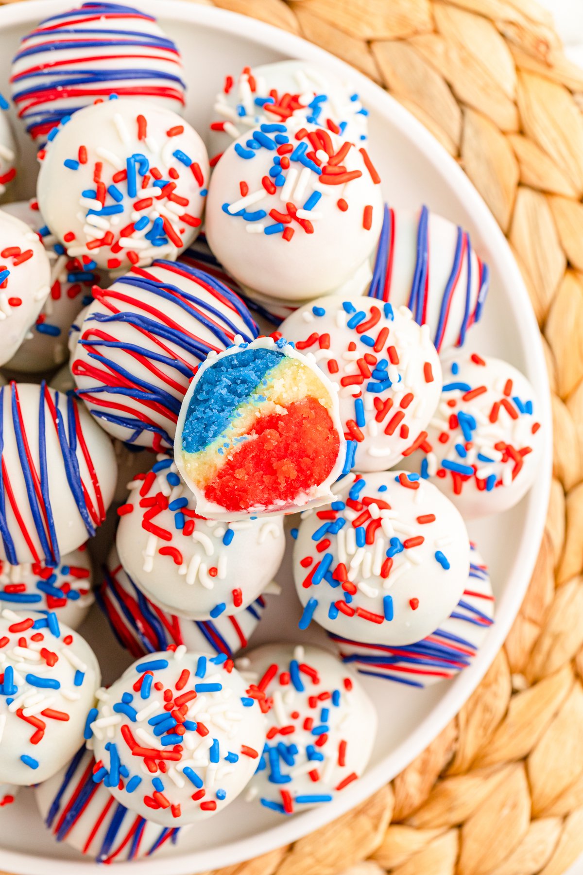 white plate with patriotic cake balls