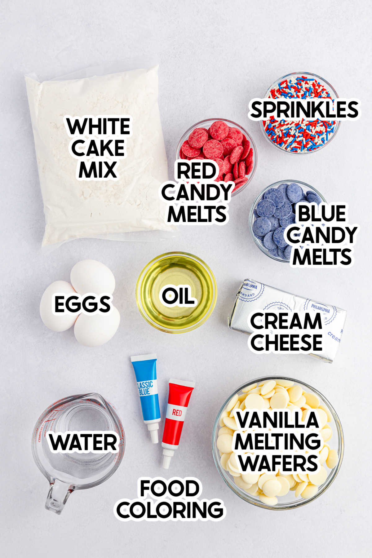 ingredients to make 4th of july cake balls with labels