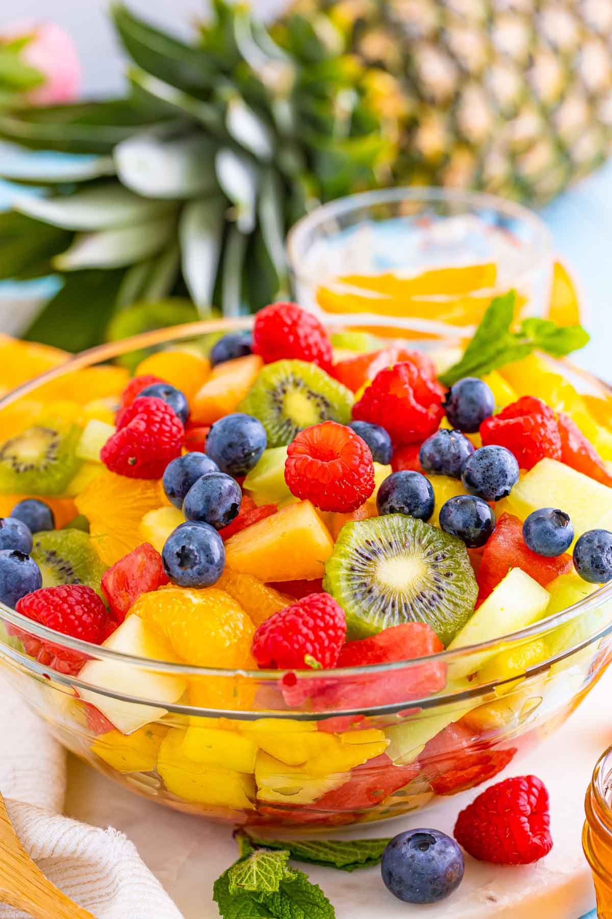 tropical fruit salad in serving bowl