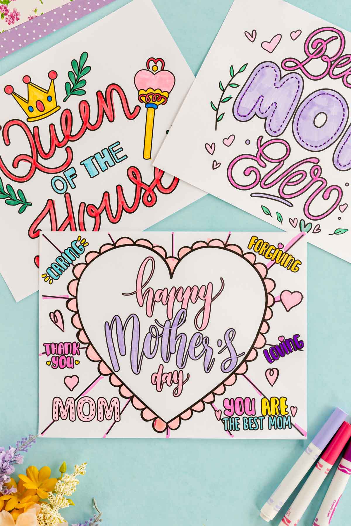 Three colored in printable coloring pages for Mother's Day