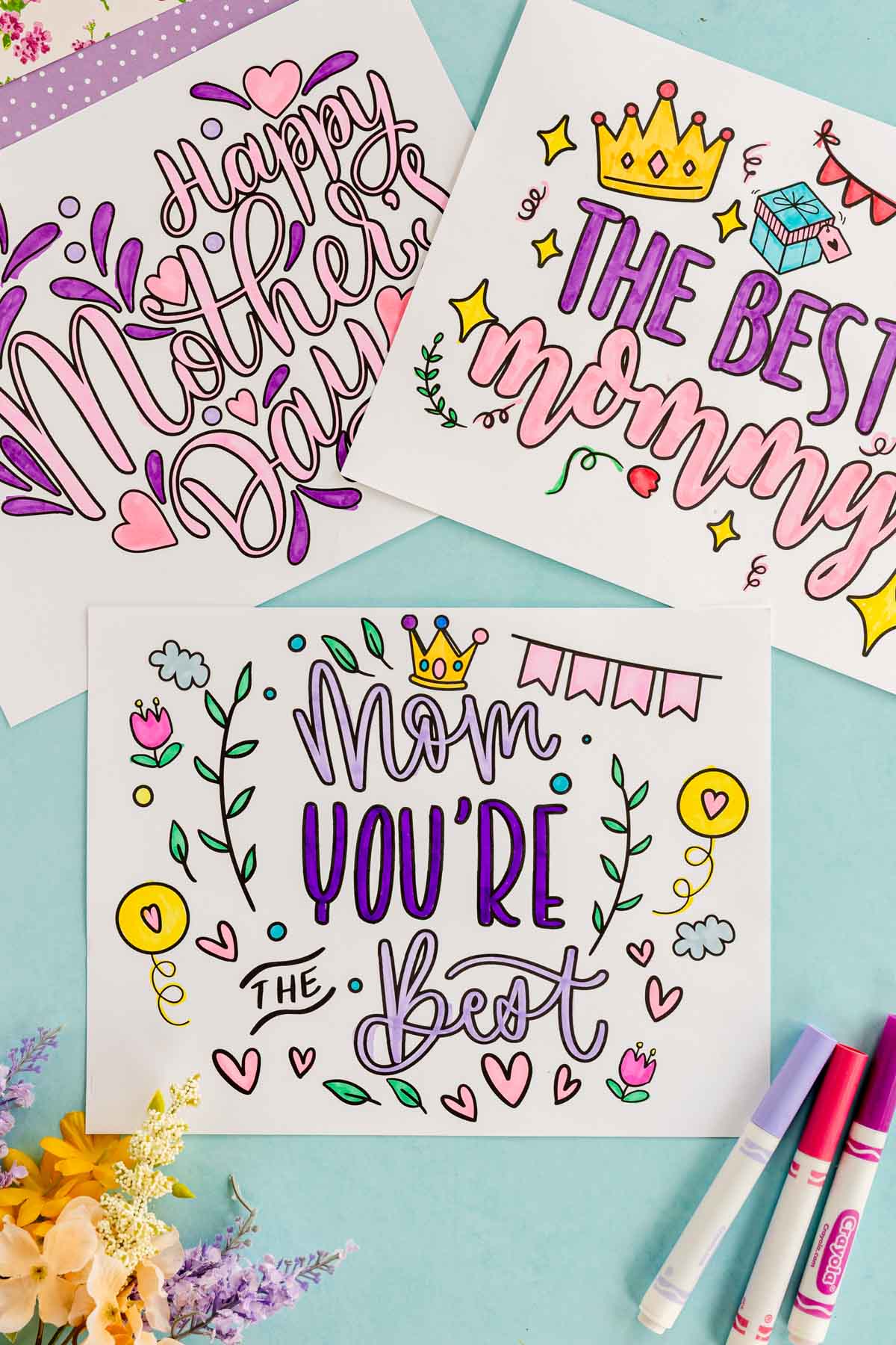 three different colored in printable coloring pages for Mother's Day