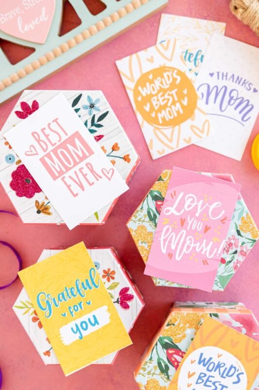 floral boxes with Mother's Day gift tags on them