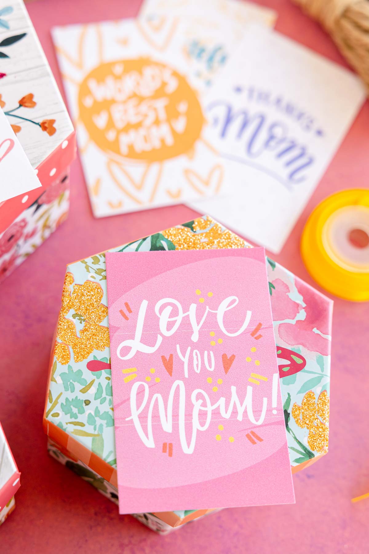 printed out Mother's Day gift tag on a box