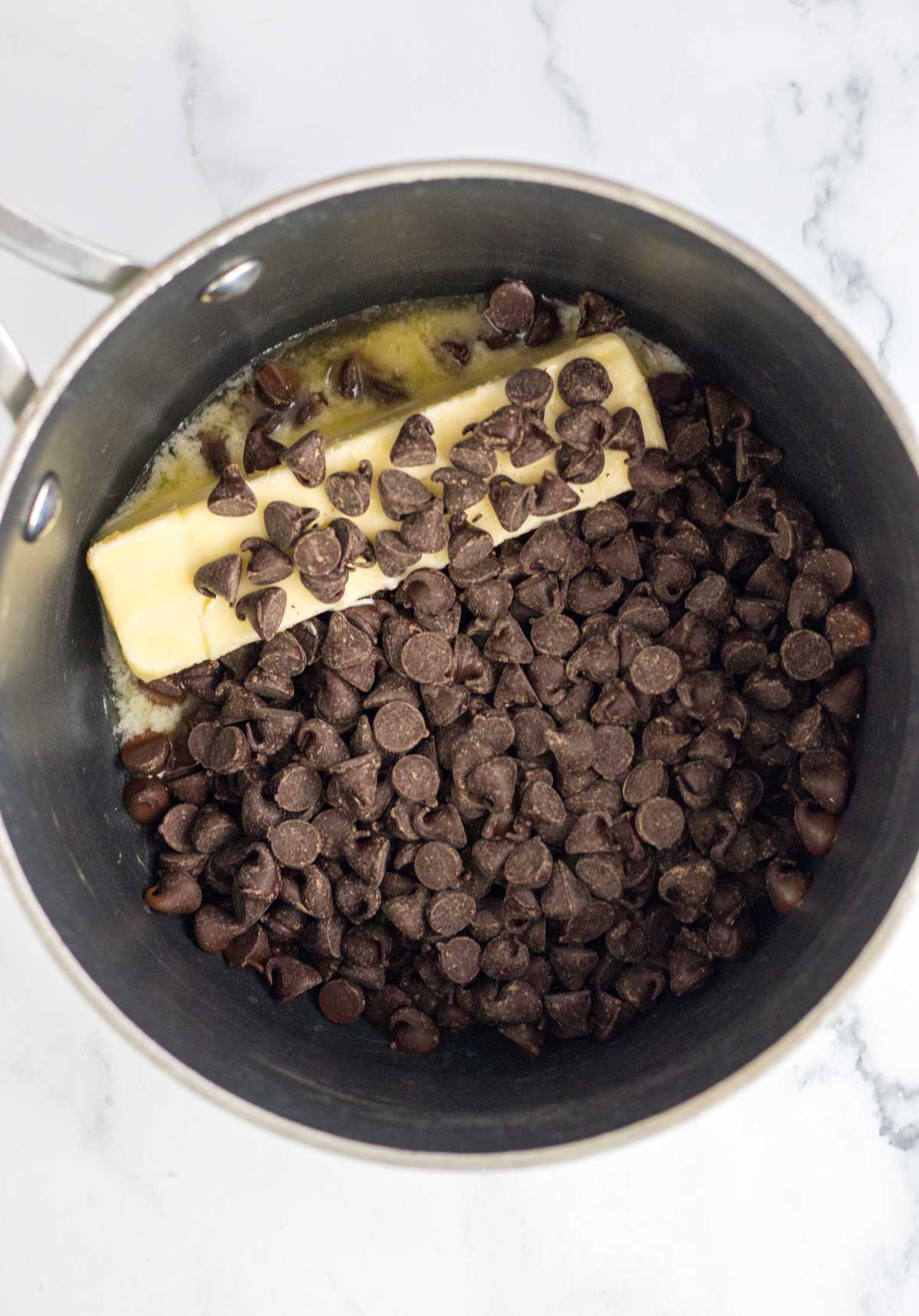 chocolate chips and butter in a saucepan