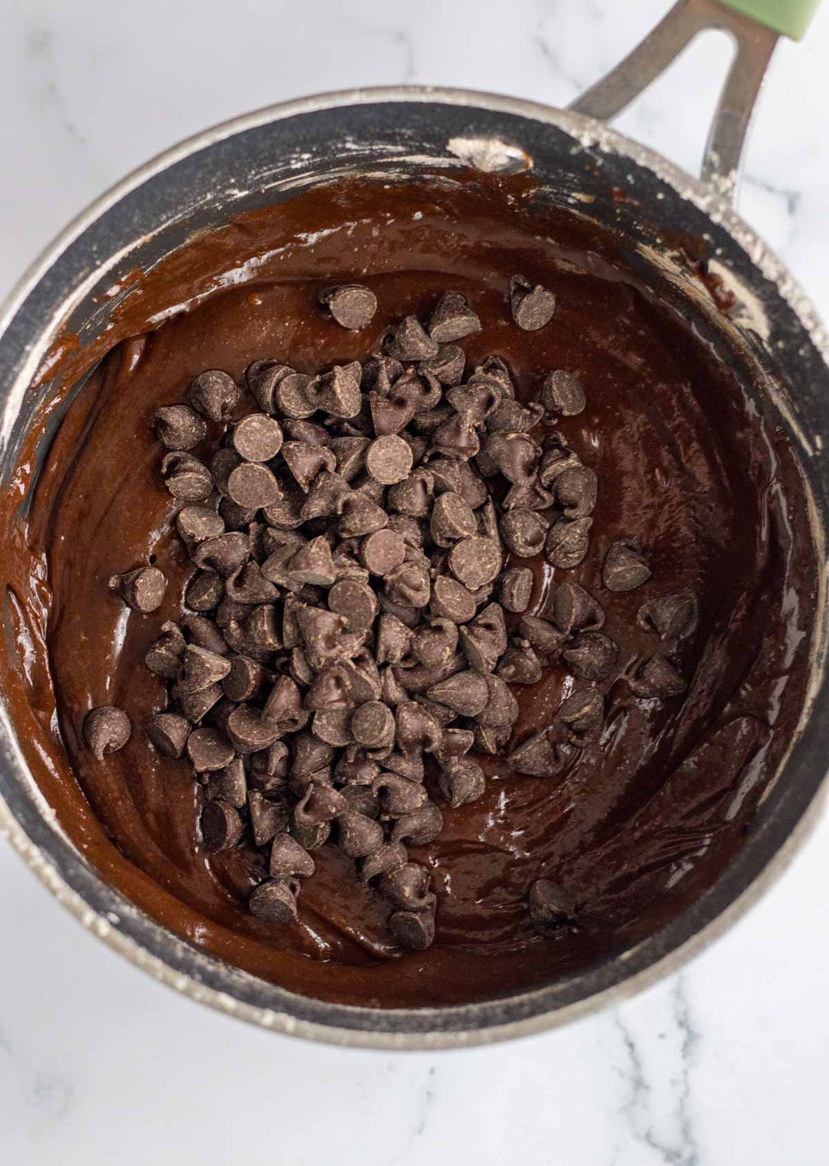 brownie batter with chocolate chips on top