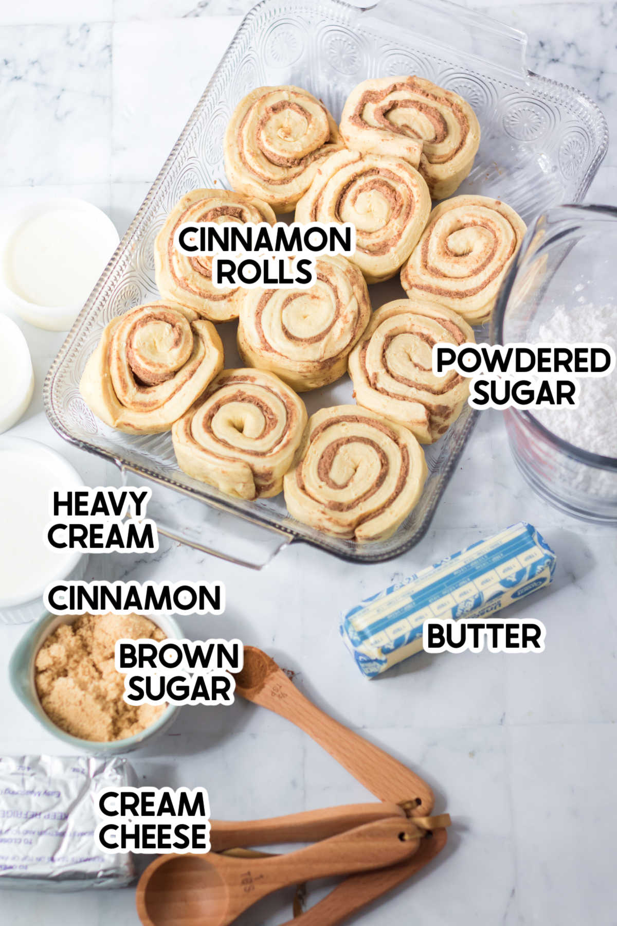 ingredients to make the viral tiktok cinnamon rolls with labels