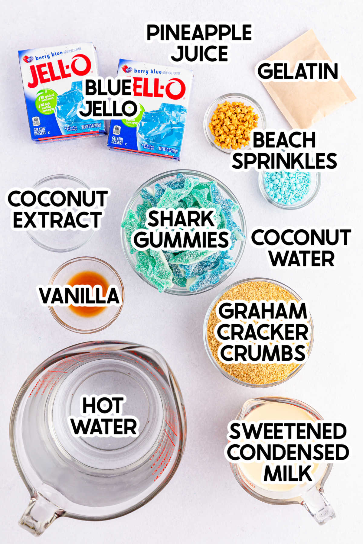 ingredients to make shark jello cups with labels
