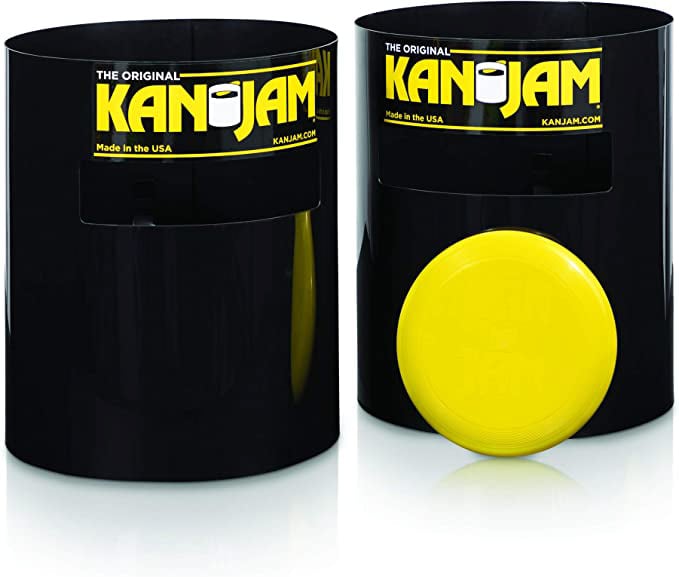 black cans and yellow frisbees