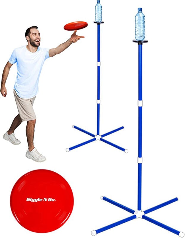 poles with waterbottle on top that you throw frisbees at