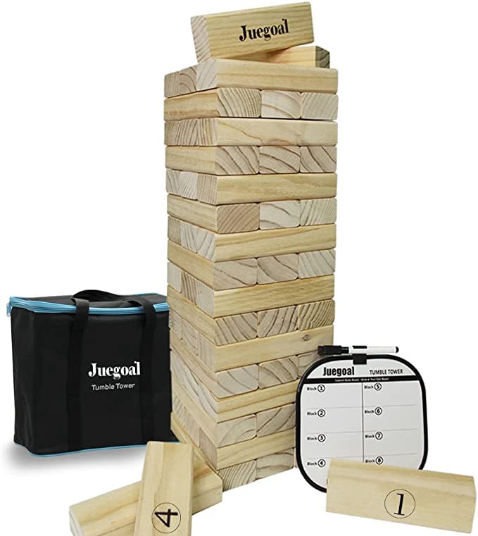 oversized wooden Jenga pieces with score card