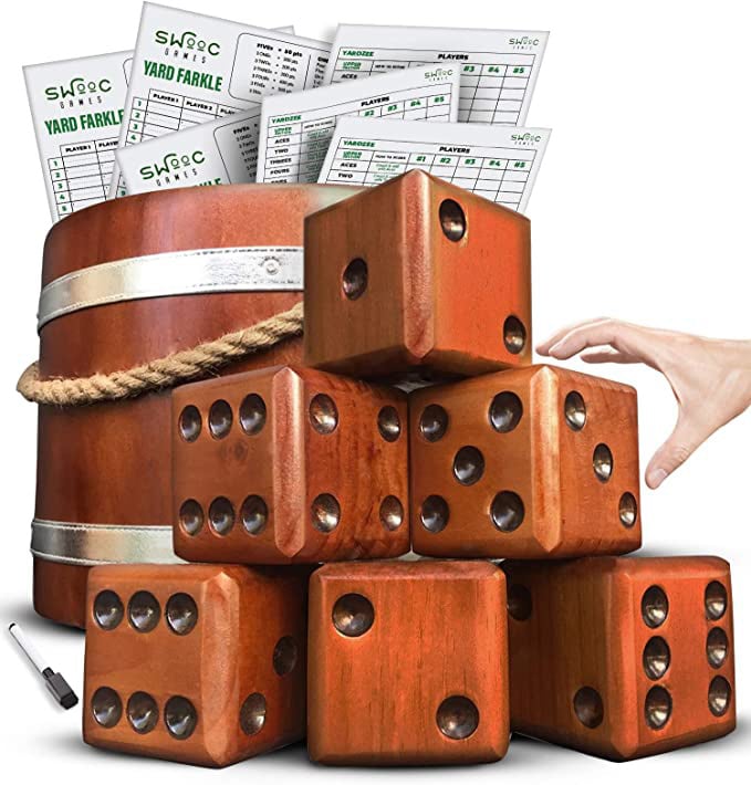 oversized wooden dice and score cards