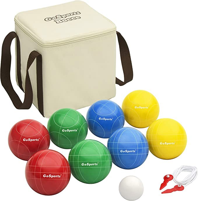 multi-colored bocce balls with carrying case