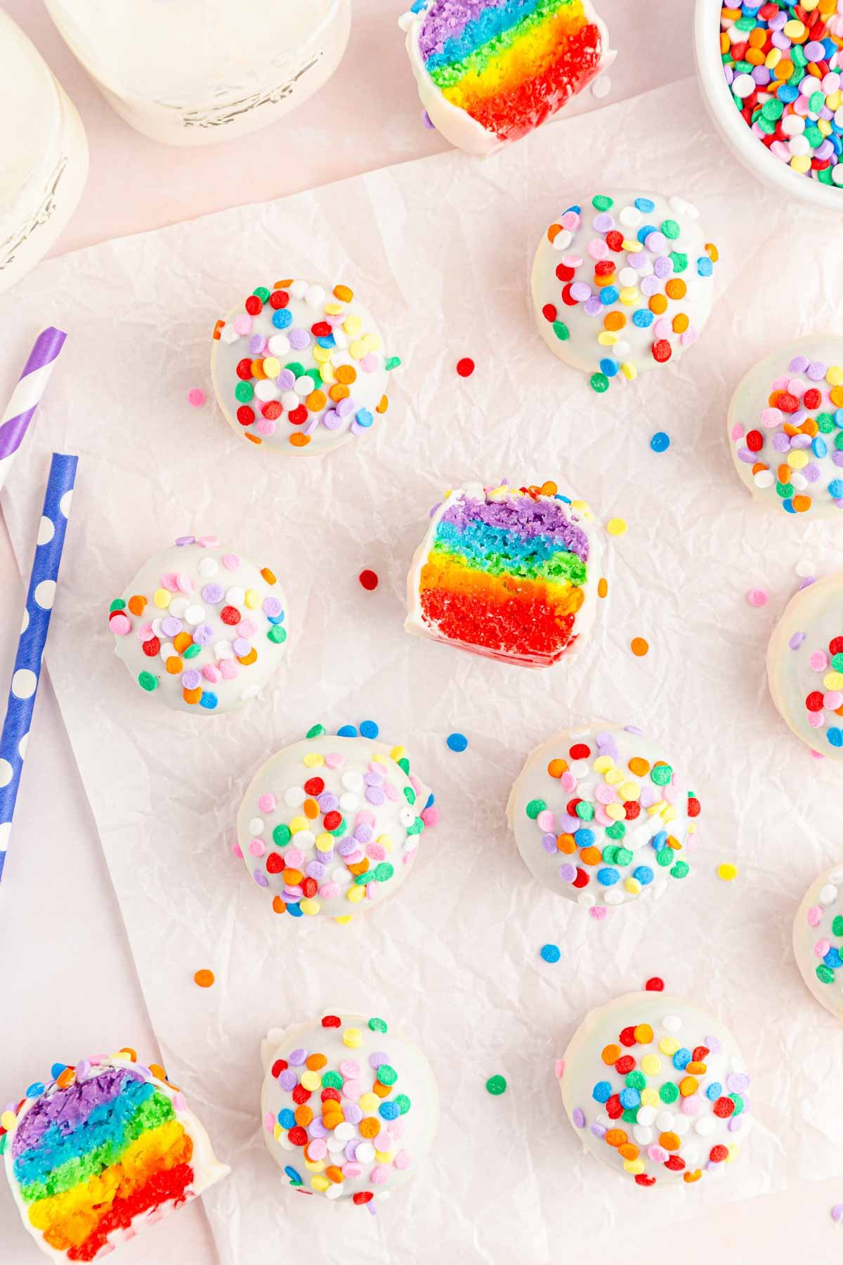 white chocolate rainbow cake pops 