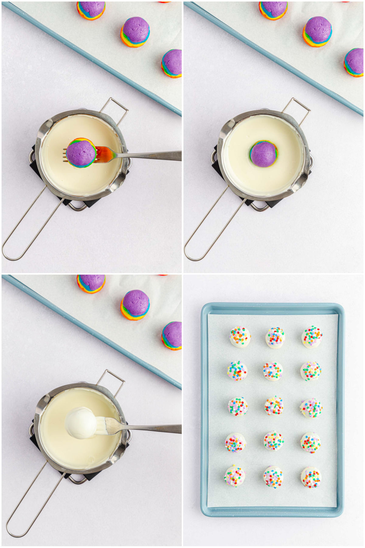 collage showing dipping rainbow cake pops in white chocolate