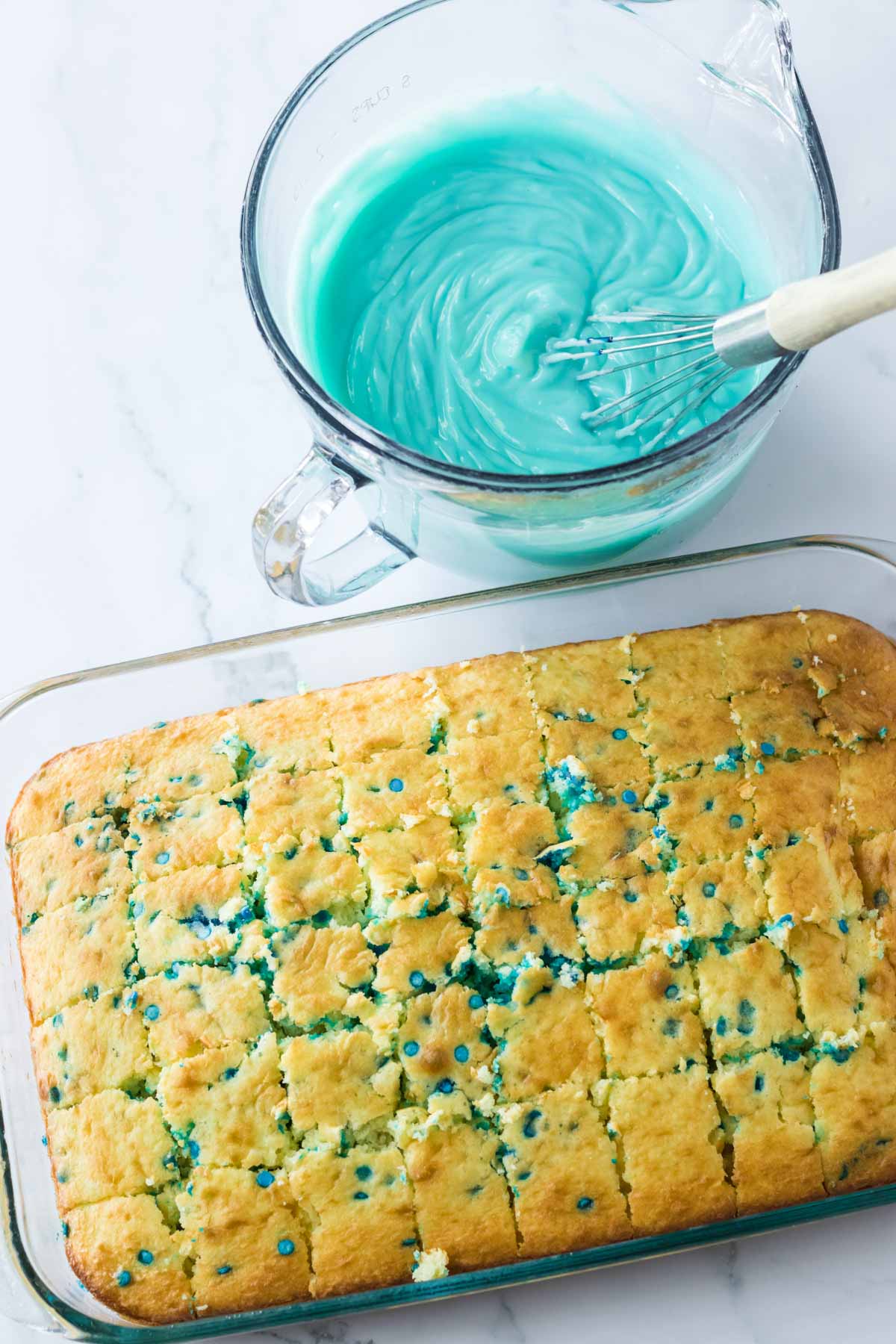 white cake cut into bite-sized pieces