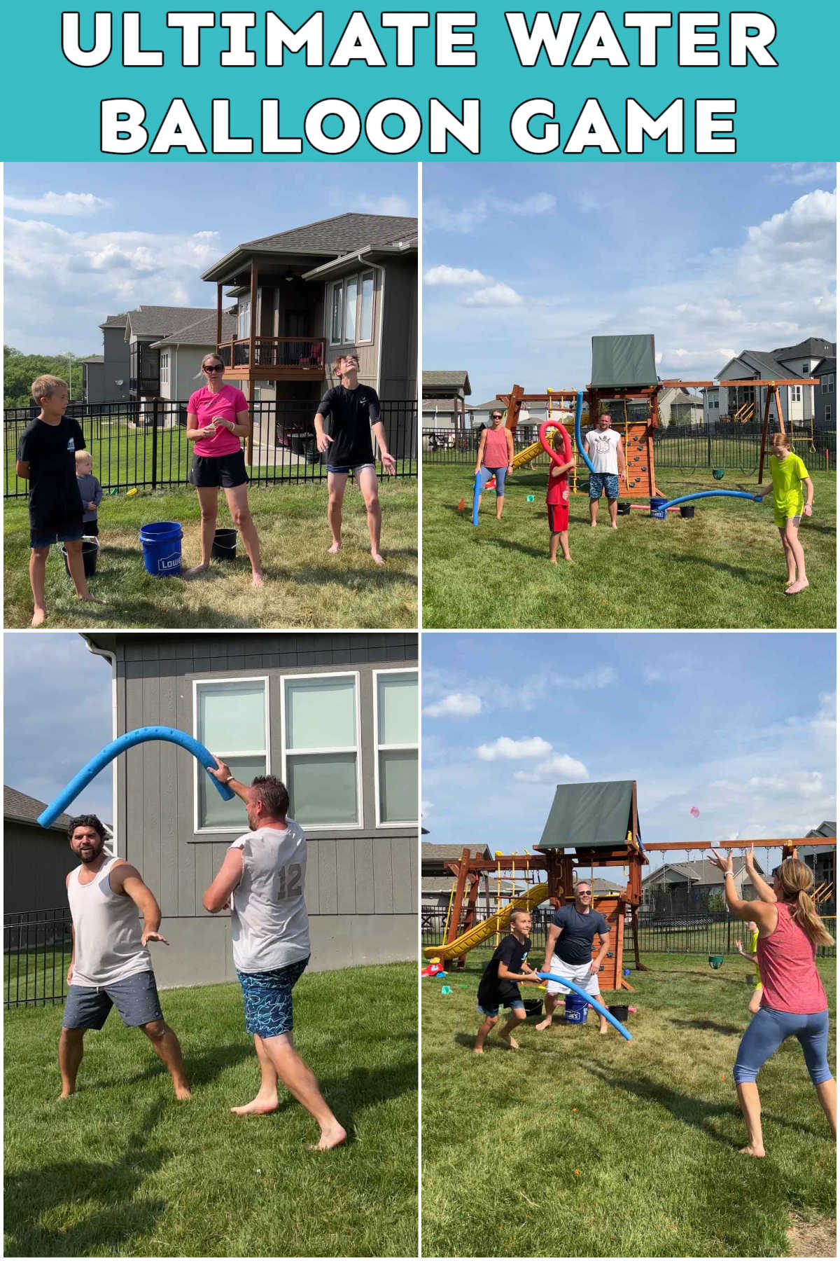 collage of images of a family playing ultimate water balloon