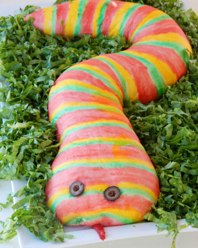 pizza stuffed snake with multiple colored stripes