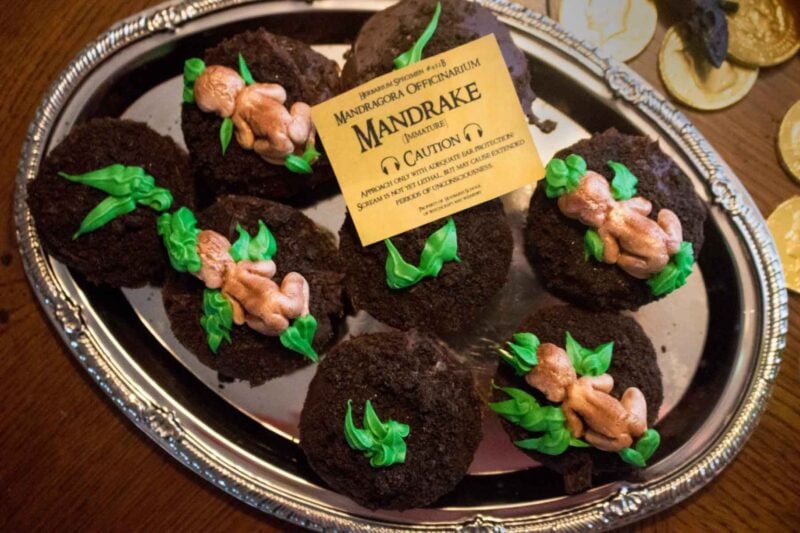 cupcakes topped with oreo crumbs and mandrakes from Harry Potter