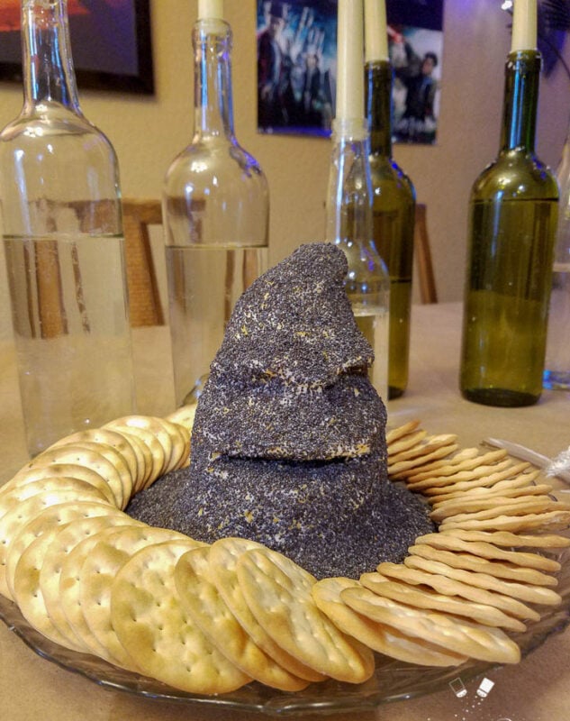 witch's hat shaped cheeseball with crackers