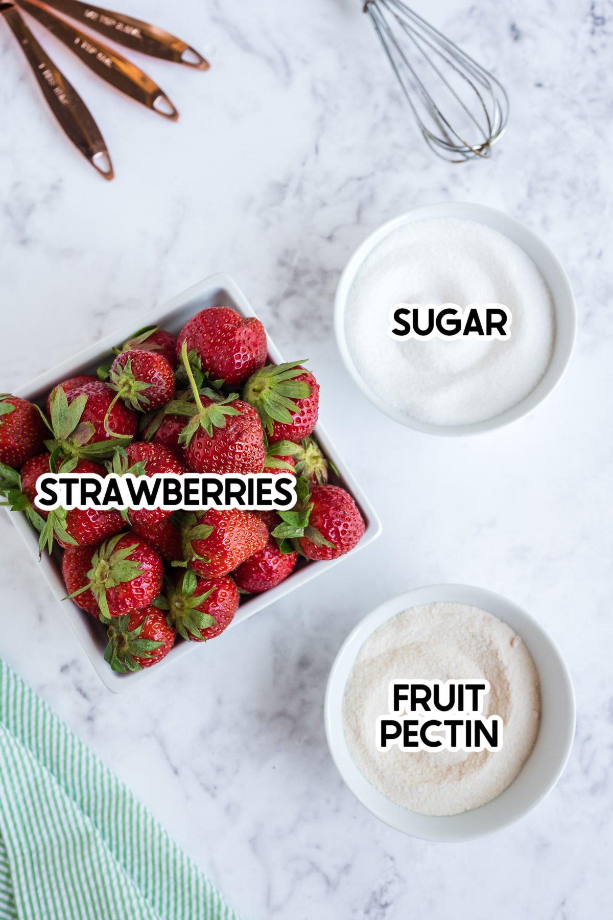 ingredients to make strawberry freezer jam