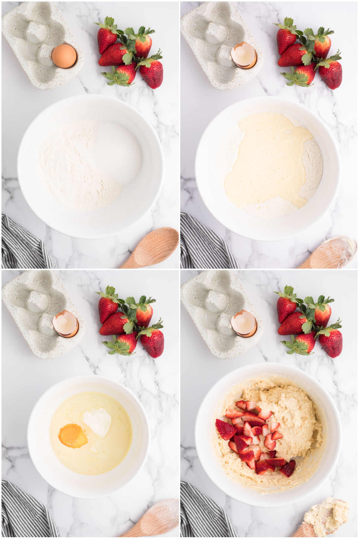 collage of images showing how to make strawberry muffins
