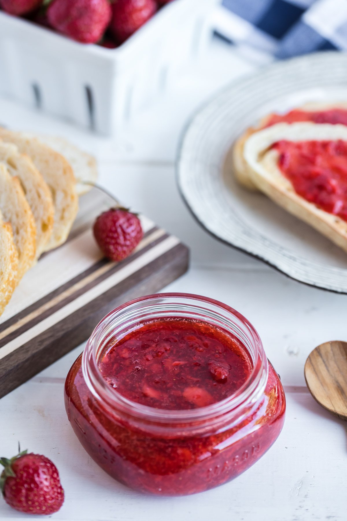 small glass jar of strawberry freezer am 