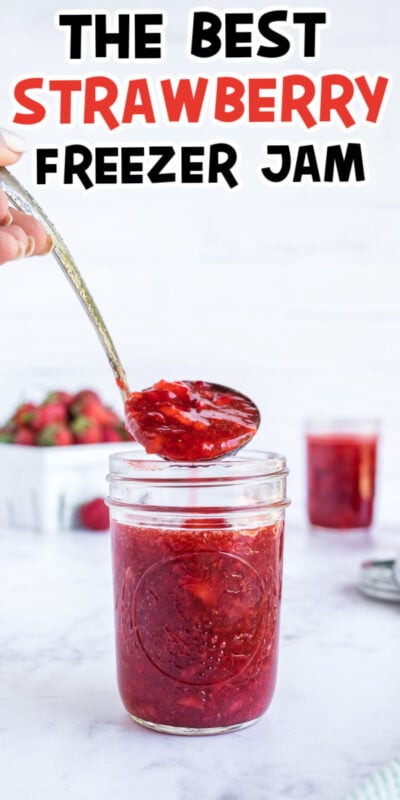 strawberry freezer jam with text on it