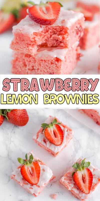 collage of images of strawberry brownies with a label