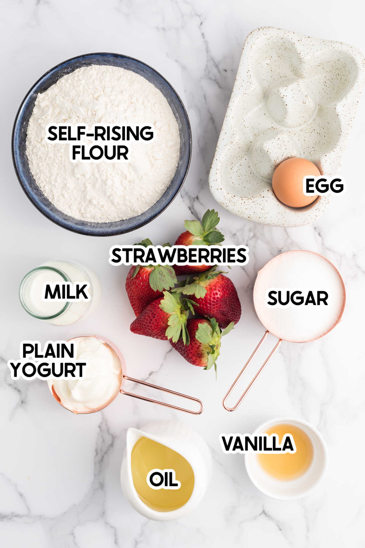 ingredients in strawberry muffins with labels